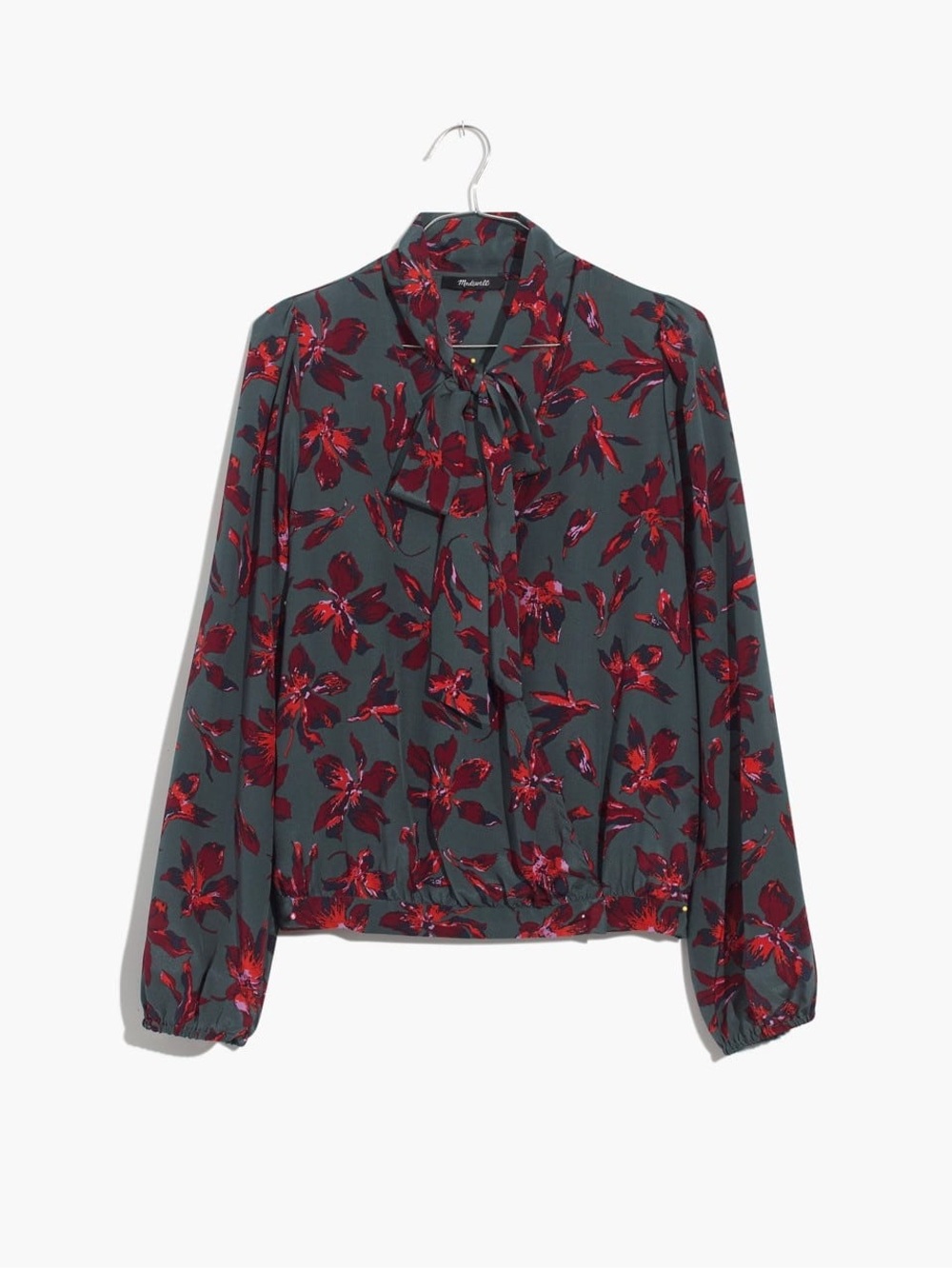 Madewell Silk Tie-Neck Wrap Top in Winter Orchid floral romantic holiday